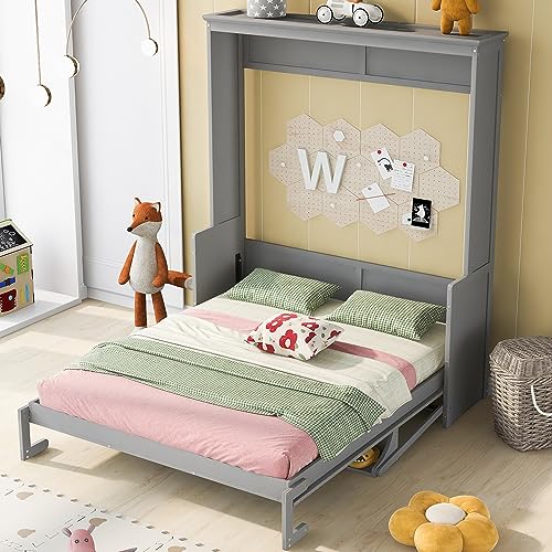 Queen Murphy Bed with Storage Shelves and LED Lights, White D5338