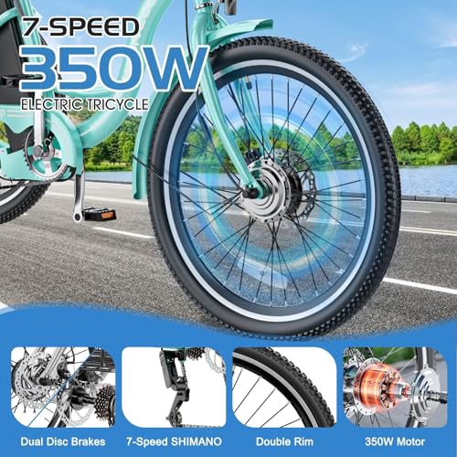 MOONCOOL Electric Tricycle for Adults, 350W 36V, 7 Speeds with Large Basket L833080
