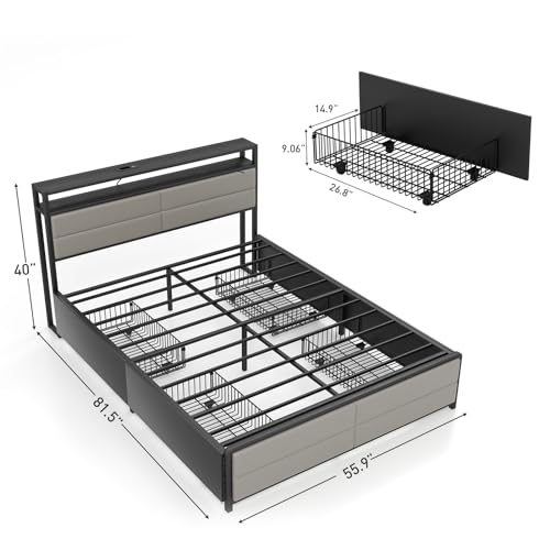 Bonzy Home Full Size Bed Frame with Storage Drawers and USB Port, Grey S969