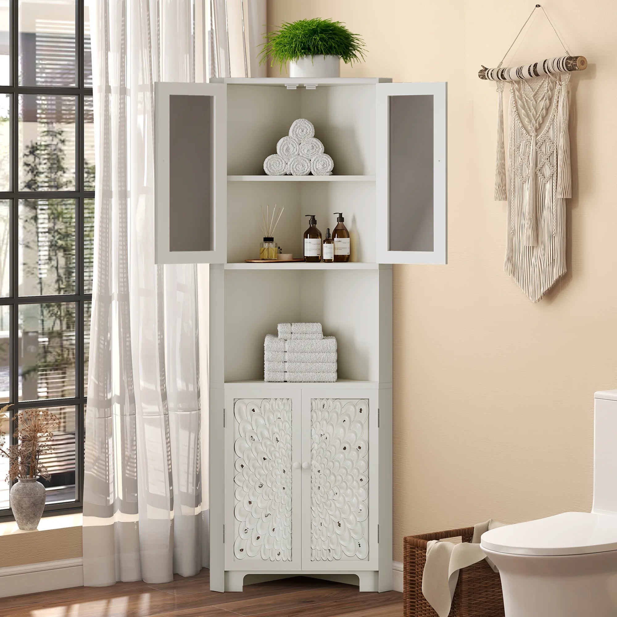 DWVO 67" Tall Corner Stoarge Cabinet With 4 Doors ,Corner Kitchen Cabinet,Buffet Cabinet for Living Room, Bathroom, Kitchen, White