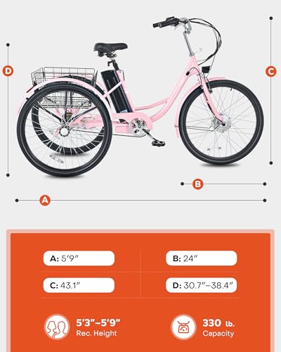 Viribus Electric Tricycle for Adults, 250W Motor, 468Wh Removable Battery, 24 in Rosy I34229
