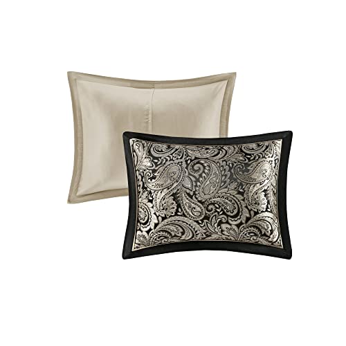 Madison Park Cal King 7 Piece Comforter Set, Faux Silk Jacquard Paisley, Black S501