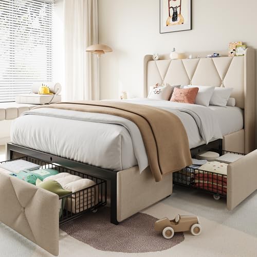 Queen Bed Frame with 4 Storage Drawers and Charging Station, Black S804993