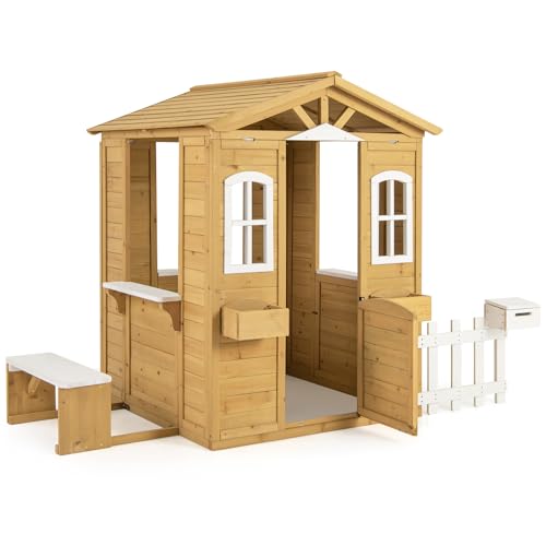 Costzon Outdoor Fir Wood Playhouse for Kids with Bench & Mailbox N477566