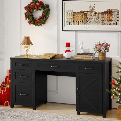 Farmhouse 61" Executive Desk with 5 Drawers and Charging Station, Pure Black W116439
