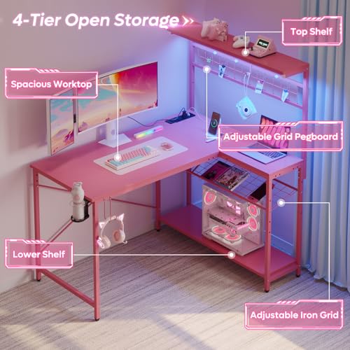 Bestier 42 L Gaming Desk with Power Outlets, LED Lights and Shelves D8630