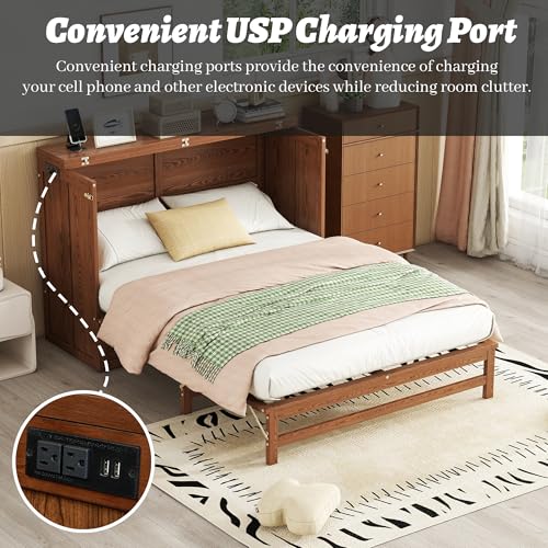 Queen Murphy Bed Cabinet with Storage Drawer and Charging Station, Solid Pine, White A401