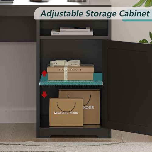 63" Farmhouse L Shaped Desk with Drawers, Power Outlets & Storage Shelf Q538