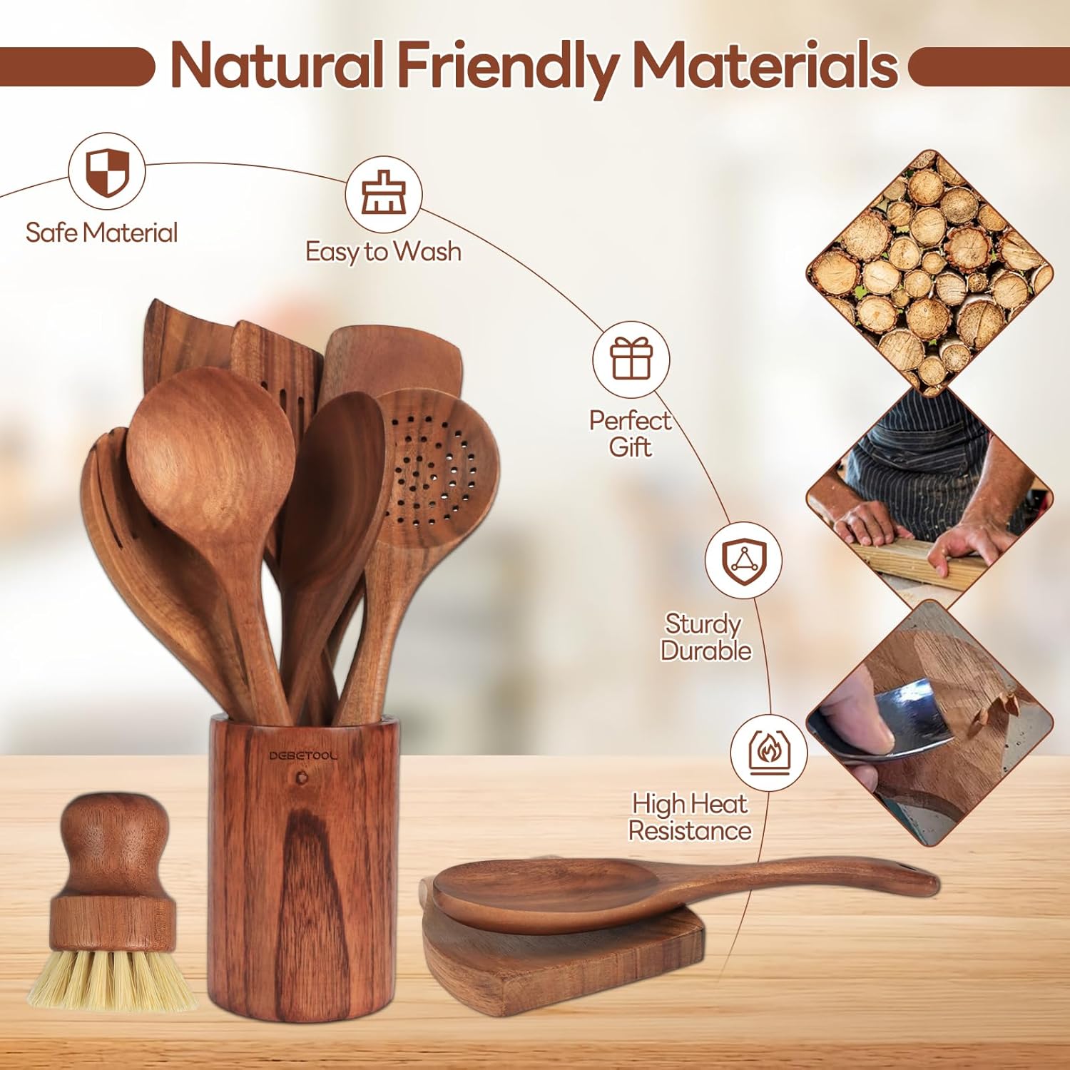 Natural Teak Wooden Spoon Set for Cooking with Utensil Holder R9060