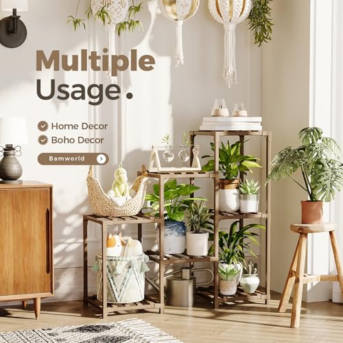Bamworld Plant Stand Indoor Outdoor Wood Plant Rack 3 Tier Ladder D51744
