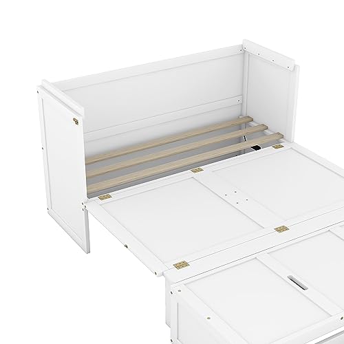 Ball & Cast Queen Size Solid Pine Murphy Bed with Charging Station, White + Walnut P2075