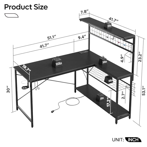 Bestier 42 L Gaming Desk with Power Outlets, LED Lights and Shelves D8630