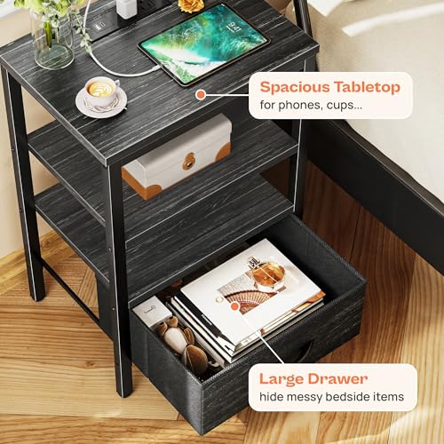 SUPERJARE Nightstand with Charging Station, Fabric Drawer, 3-Tier Storage, Walnut K366263