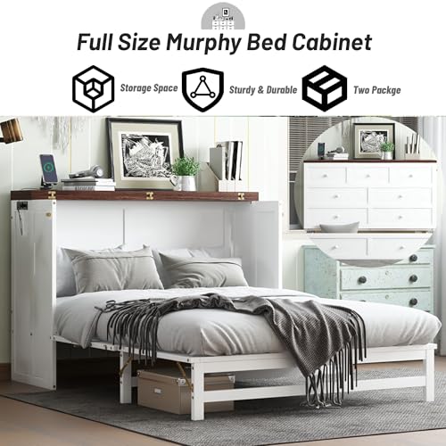 Queen Murphy Bed Cabinet with Storage Drawer and Charging Station, Solid Pine, White A401