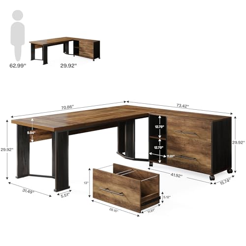 Tribesigns 70.86" L Shaped Executive Desk with Mobile File Cabinet, Brown and Black J5967