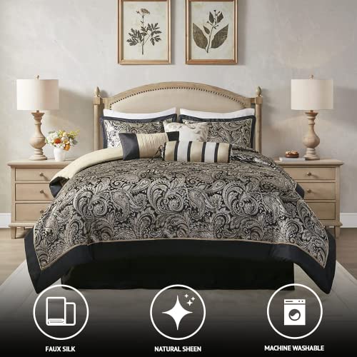 Madison Park Cal King 7 Piece Comforter Set, Faux Silk Jacquard Paisley, Black S501