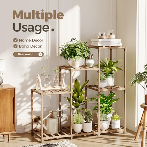 Bamworld Plant Stand Indoor Outdoor Wood Plant Rack 3 Tier Ladder D51744