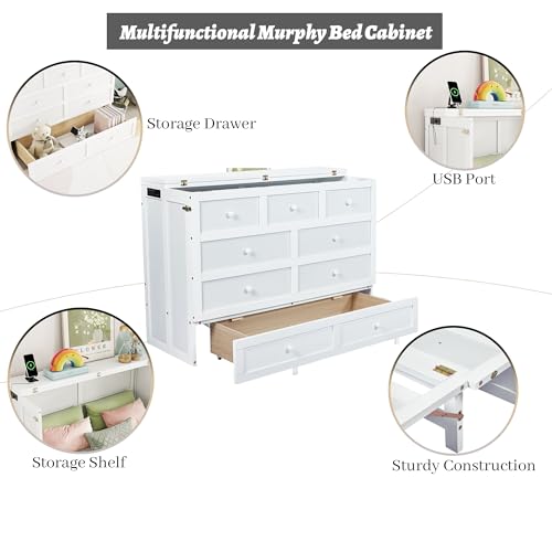 Queen Murphy Bed Cabinet with Storage Drawer and Charging Station, Solid Pine, White A401