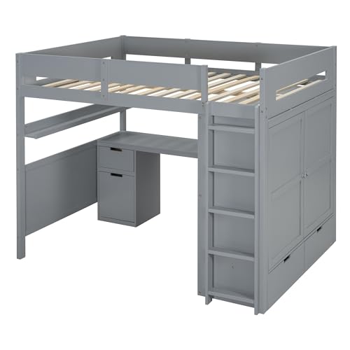 Harper & Bright Designs Twin Size Loft Bed with L-Shaped Desk and Stairs, Solid Wood, White D768