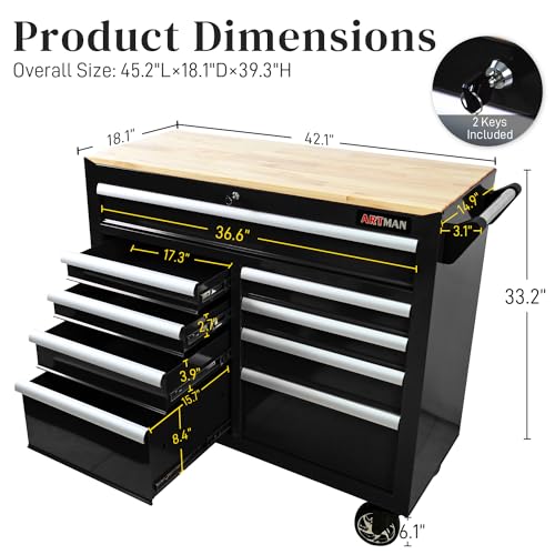 Heavy Duty 9-Drawer Rolling Tool Chest with Wood Top, Black K54490
