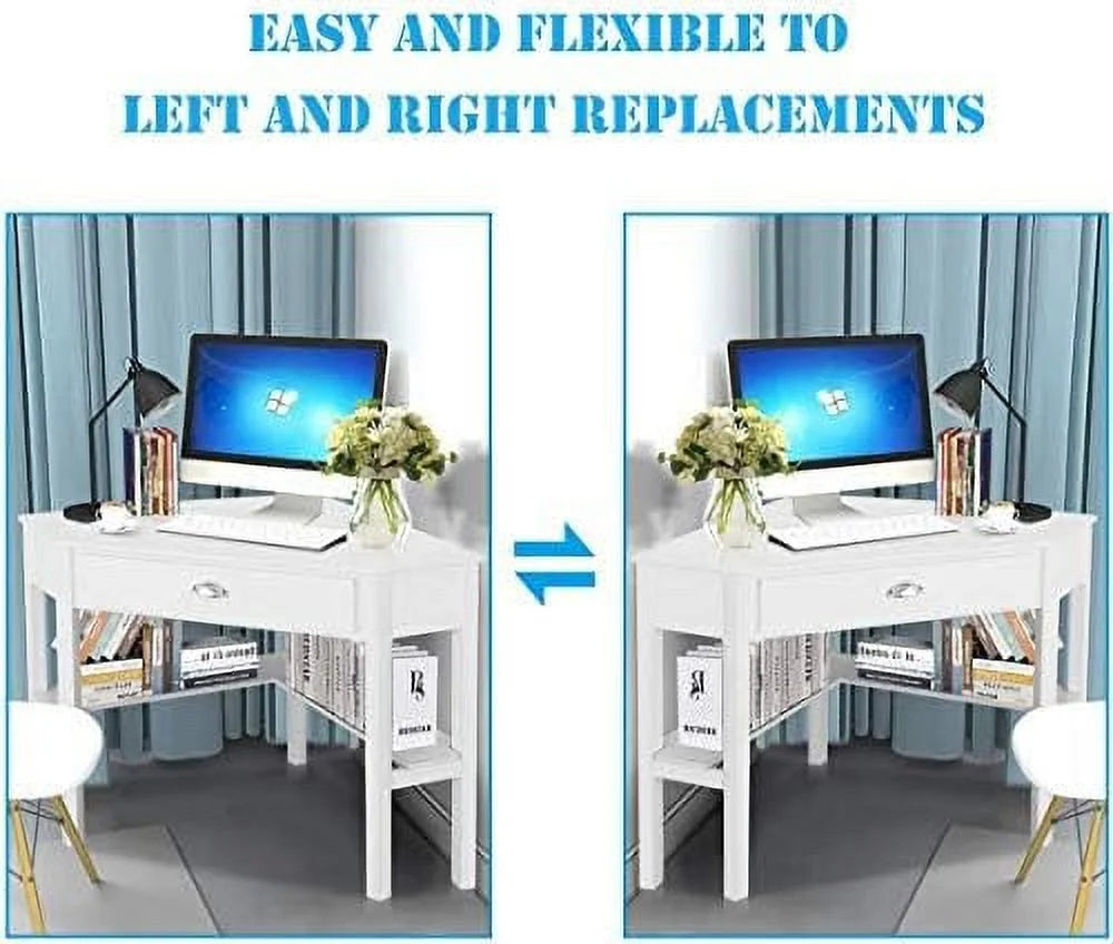 KHBIULIFE Corner Desk with Drawer and Shelves for Small Space, White & Natural O862