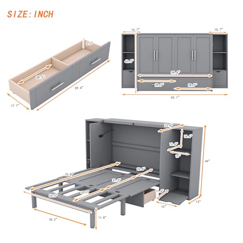 Ball & Cast Queen Size Solid Pine Murphy Bed with Charging Station, White + Walnut P2075