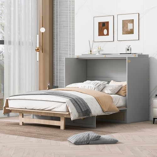 Ball & Cast Queen Size Solid Pine Murphy Bed with Charging Station, White + Walnut P2075