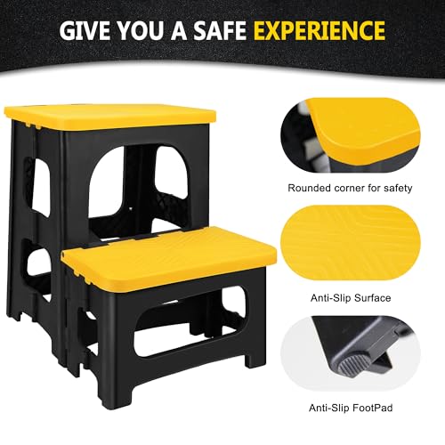 Folding 2-Step Stool, Non-Slip Portable Footstool, Yellow H725346