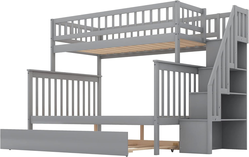 Twin Over Full Bunk Bed with Trundle, Wood Frame, Gray E6647
