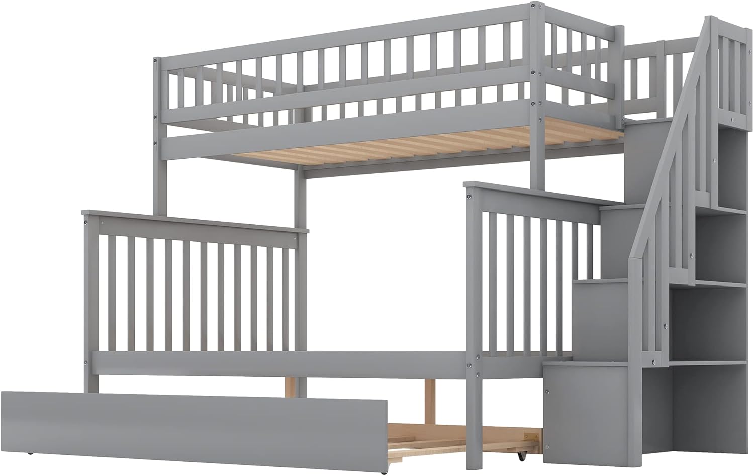 Twin Over Full Bunk Bed with Trundle, Wood Frame, Gray E6647