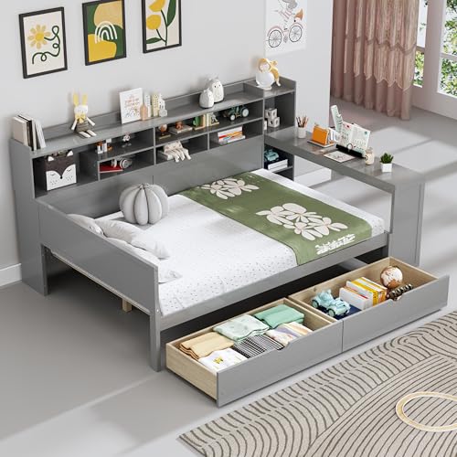 Bellemave Twin Corner Bed Frame with Storage Shelves and Desk, Gray L74206