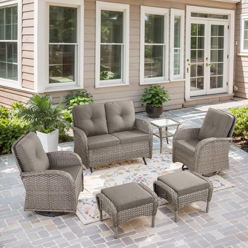Outdoor Wicker Swivel Rocker Chairs Set of 2 with Rattan Side Table, Brown/Blue B592