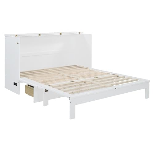 Harper & Bright Designs Queen Murphy Bed Cabinet with USB Charging Station, White D9669