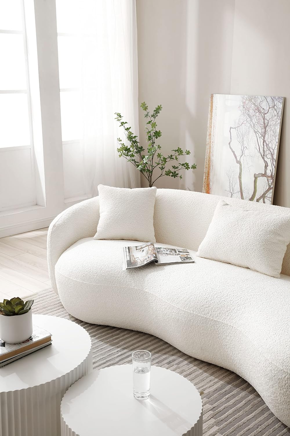 Curved Boucle Upholstered Cloud Couch with 3 Throw Pillows, Beige O9888