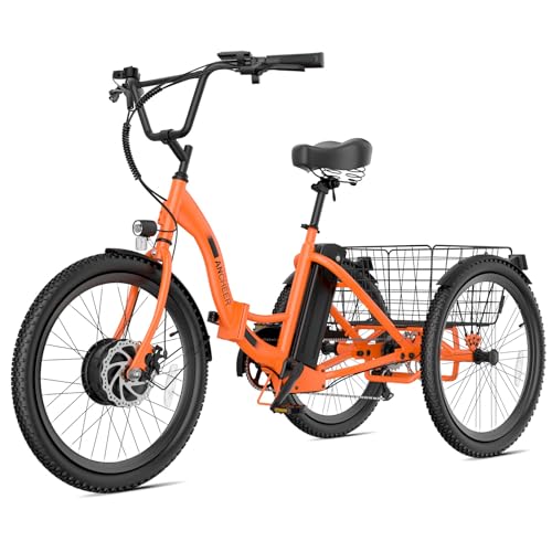 ANCHEER Electric Tricycle for Adults, 350W(Peak 550W) Etrike, 48V/499Wh Ebike, 24" Folding 3 Wheel Electric Trike, 15.5MPH & 55Miles Electric Bike, Rear Differential, Rear Basket