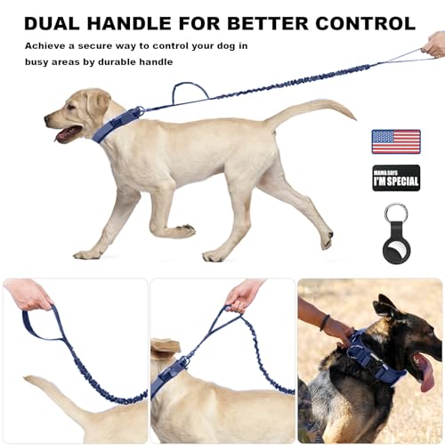 Tactical Dog Collar and Bungee Leash Set with USA Flag, Heavy Duty Metal Buckle, Patches and Airtags Case (M, Green) S540125