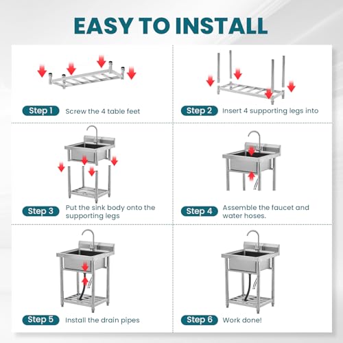 Stainless Steel Free Standing Utility Sink Single Bowl with Hot Cold Pipe R683