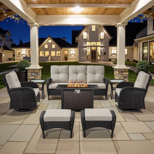Outdoor Wicker Swivel Rocker Chairs Set of 2 with Rattan Side Table, Brown/Blue B592