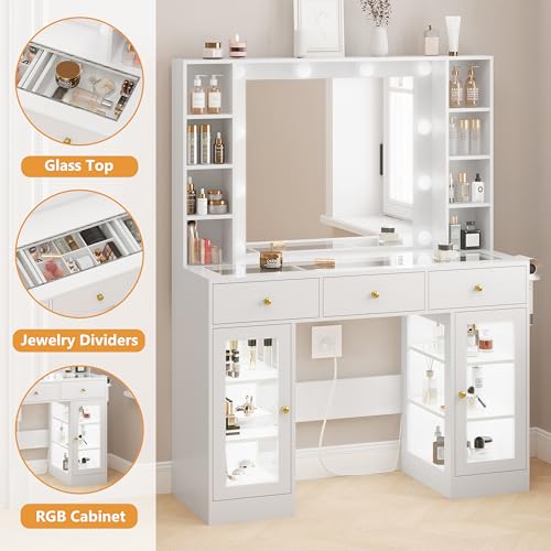 White Vanity Desk with Mirror and Lights, Glass Top, 3 Drawers V863482