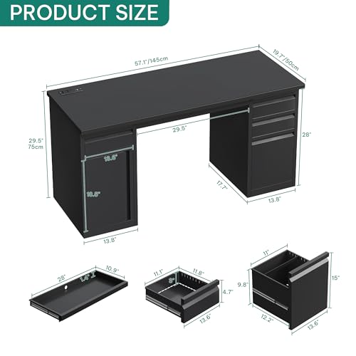 YITAHOME Office Desk with 5 Drawers, Power Outlets, 57 Inch, Black I604444