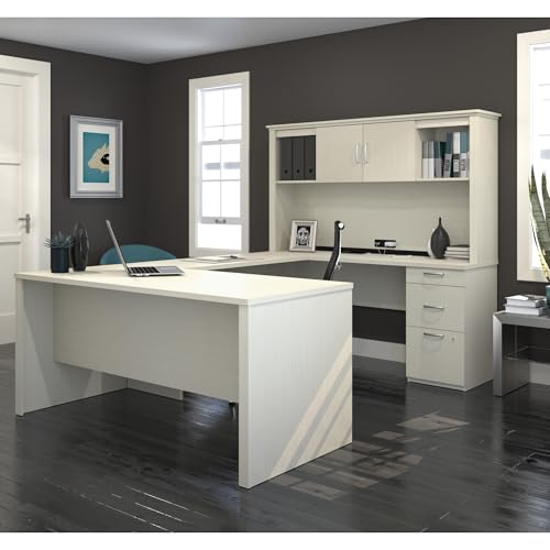 Bestar Logan 66W U or L-Shaped Executive Office Desk with Pedestal and Hutch, Bark Grey W17996