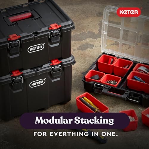 Keter Stack-n-Roll Modular Tools Organizer, 3 Piece Resin Rolling Tool Box, Black S451