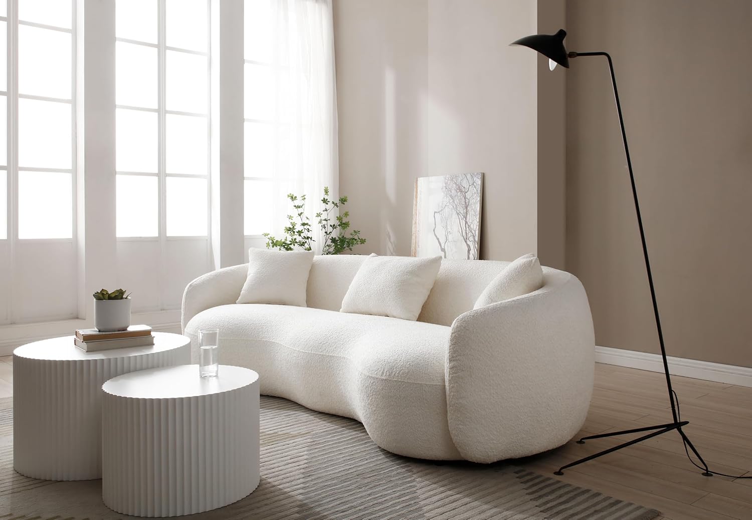 Unique Curved Sofa,Modern Boucle Upholstered Cloud Couch with 3 Throw Pillows, 4-Seat Teddy Fleece Leisure Sectional Sofa&Couch Lounge Chaise for Living Room, Office, Apartment, Beige 93.6"