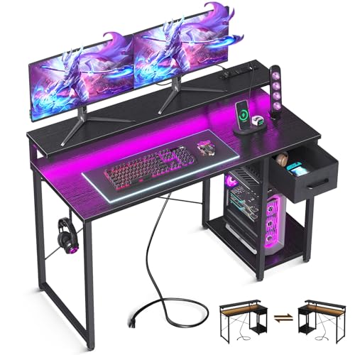 AODK Gaming Desk with LED Lights & Power Outlet, 40 Inch, Black T67329