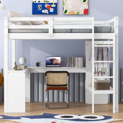 SOFTSEA Full Size Loft Bed with Desk & Wardrobe, White F150304