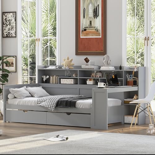 Bellemave Twin Corner Bed Frame with Storage Shelves and Desk, Gray L74206