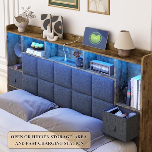LED Bed Frame Full Size with Bookshelf Headboard and Charging Station R978868