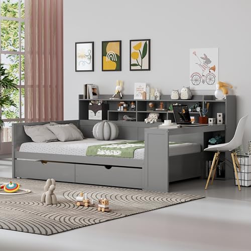 Bellemave Twin Corner Bed Frame with Storage Shelves and Desk, Gray L74206