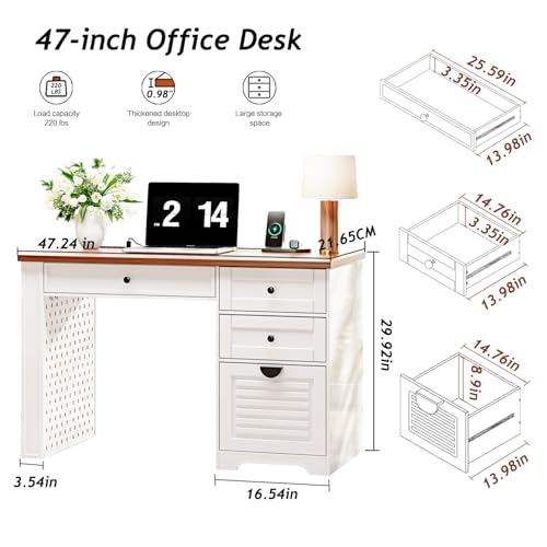 Antique Cream 59" Executive Farmhouse Computer Desk with 7 Drawers and Charging Station R75936