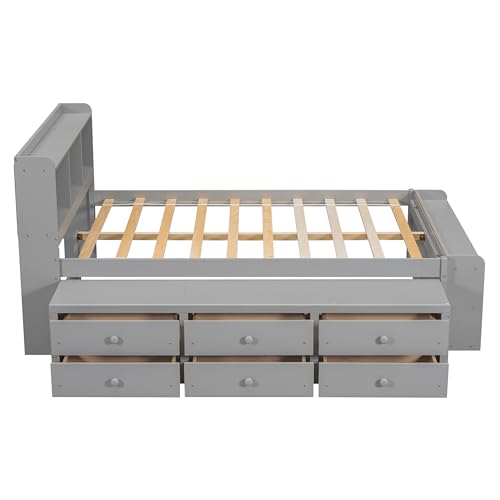SOFTSEA Full Size Platform Bed with Storage Drawers and Bookcase Headboard, White V613109